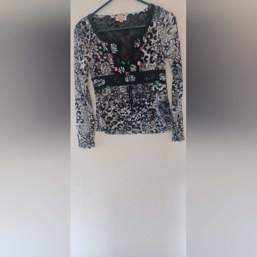 Floral Print Long Sleeve Top M Sheer Lined